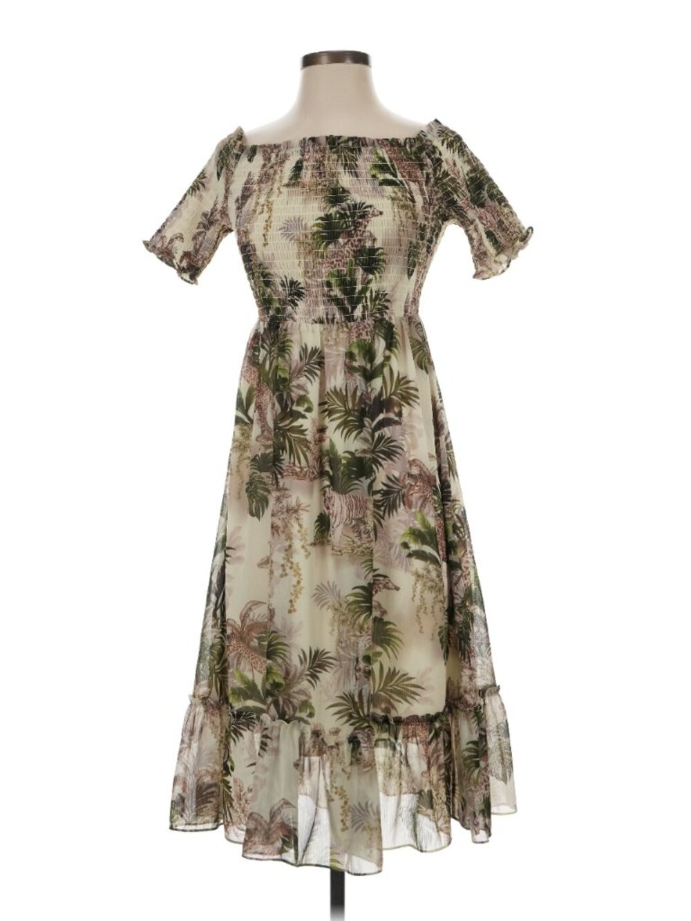 L’AGENCE Oriel Smocked Tropical Print Midi Dress Ivory Green Short Sleeve
